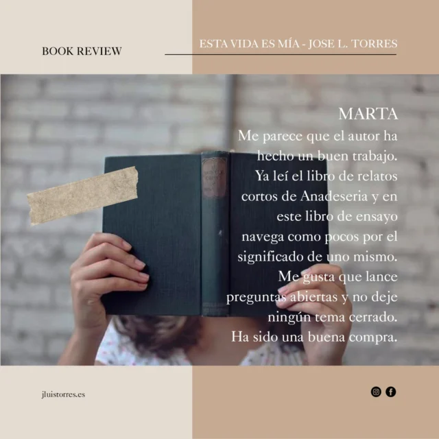 Reseña de Marta del libro Esta vida es mía de Jose L. Torres.
Me parece que el autor ha hecho un buen trabajo. Ya leí el libro de relatos cortos de Anadeseria y en este libro de ensayo navega como pocos por el significado de uno mismo. Me gusta que lance preguntas abiertas y no deje ningún tema cerrado. Ha sido una buena compra.
❤️https://amzn.to/3raigtH
#libroensayo #filosofia #escriturafilosofica #librofilosofia #jluistorres #estavidaesmia #librosdeensayo